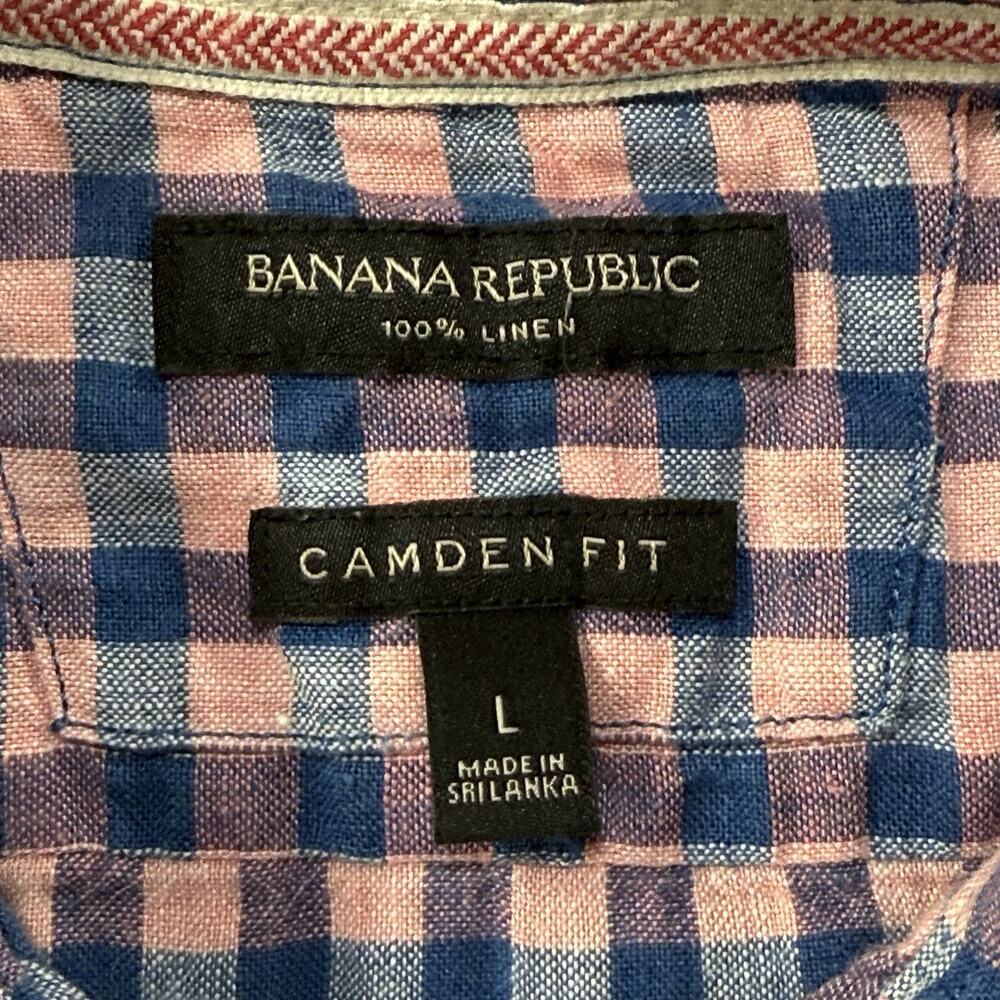 Banana Republic Camden Fit‎ Linen Shirt Mens L Short Sleeve Pink Blue Plaid - Picture 2 of 6